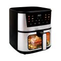 TESLA AirCook Q60 XXL Pro air fryer for cooking juicy meat with vegetables, with a visible baking function through a transparent window.